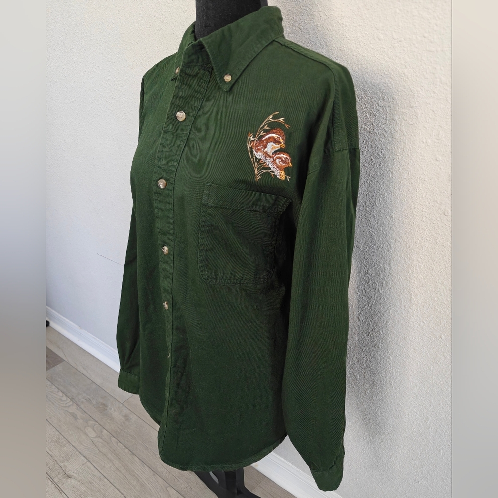 Embroidered Green Button-Up Shirt